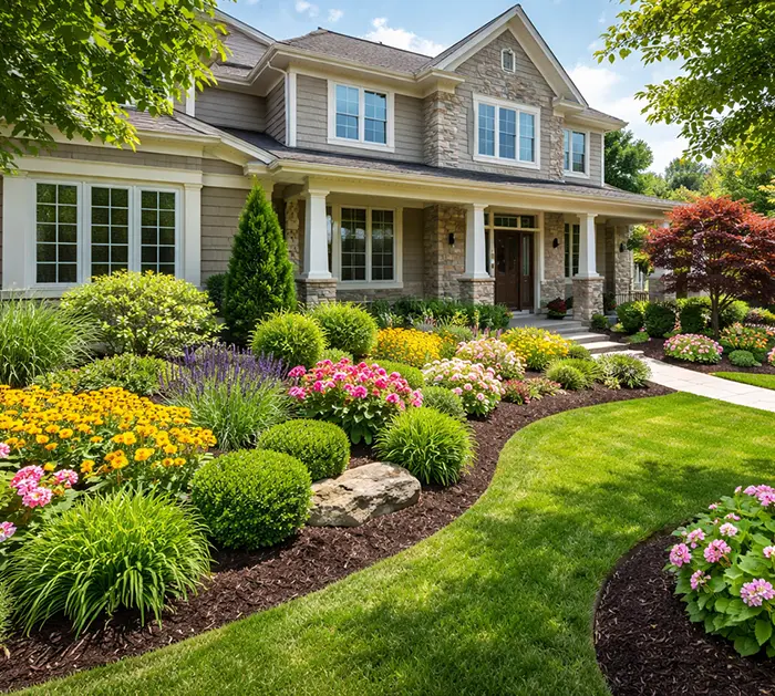 Residential landscape refresh with clean spade edging and stone accents