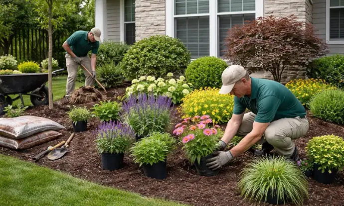 Full garden bed restoration with new mulch and ornamental plantings