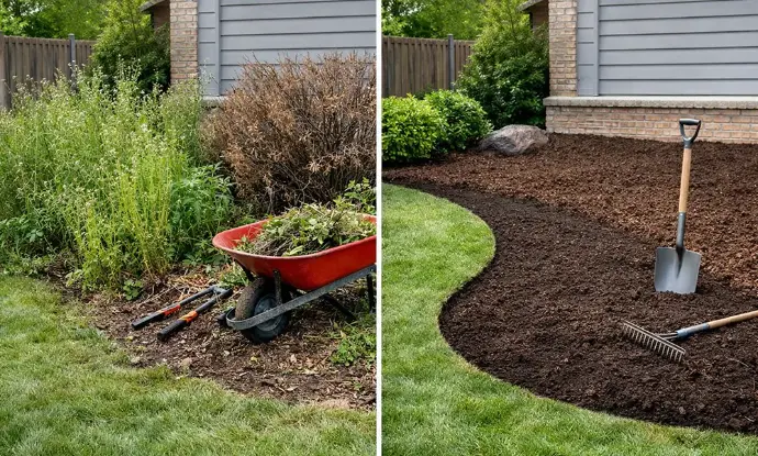 Before and after landscape renewal and bed cleanup in Columbus Ohio