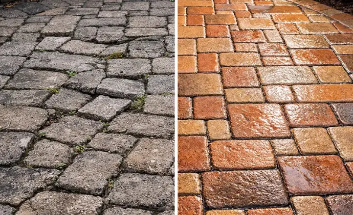 Before and after paver patio restoration in Columbus Ohio showing deep cleaning of algae-stained stones and new polymeric sand joint stabilization